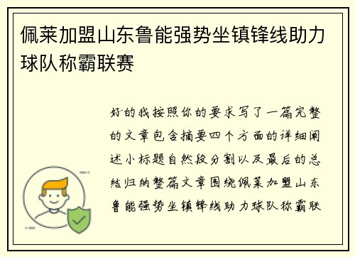佩莱加盟山东鲁能强势坐镇锋线助力球队称霸联赛