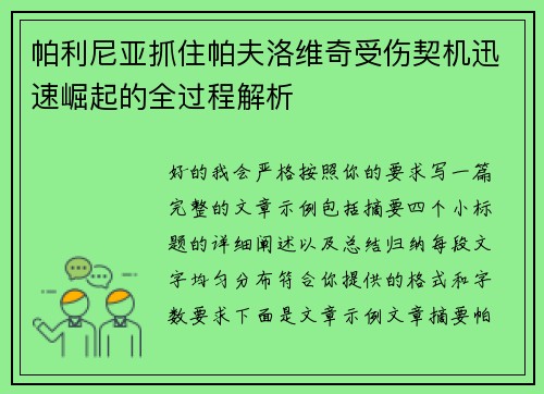 帕利尼亚抓住帕夫洛维奇受伤契机迅速崛起的全过程解析